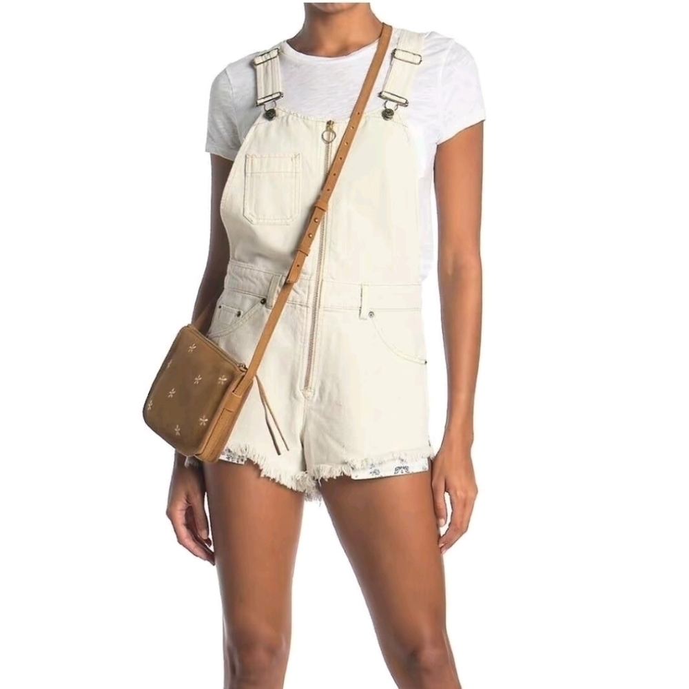 Free People We the Free Sunkissed Jean Cut-Off Short Overall Off White new